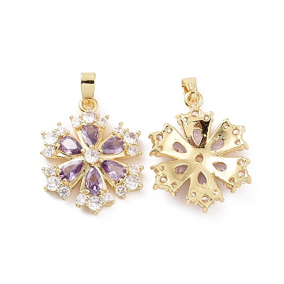 Real 18K Gold Plated Brass Micro Pave Clear Cubic Zirconia Pendants, Flower Charms