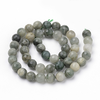 Natural Green Line Jasper Beads Strands, Faceted, Round