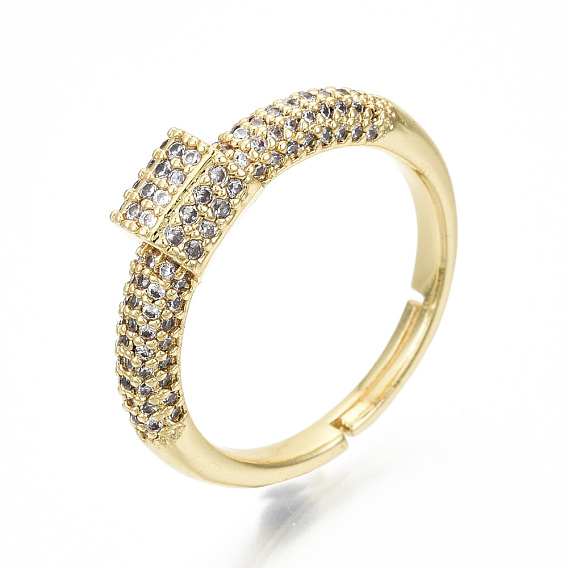 Adjustable Brass Micro Pave Clear Cubic Zirconia Finger Rings, Cadmium Free & Nickel Free & Lead Free, Hexagonal Prisms