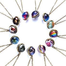 Luminous Glass Planet Pendant Necklace with Antique Golden Alloy Chains
