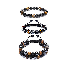 8mm Tiger Eye Stone Beaded Bracelet with Adjustable Pull Cord - Double Layered Elastic Wristband