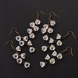 Glass Flower Beads Dangle Earrings, with Acrylic and Antique Bronze Plated Metal Findings, 65x19mm, Pin: 0.6mm