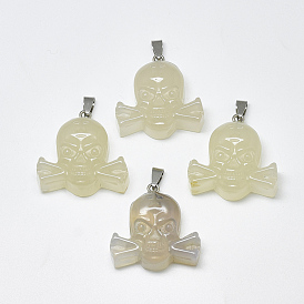 Natural Agate Pendants, with Stainless Steel Snap On Bails, Skull, Stainless Steel Color