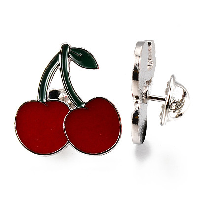 Alloy Enamel Brooches, Enamel Pin, with Brass Butterfly Clutches, Cherry, Platinum, Cadmium Free & Nickel Free & Lead Free