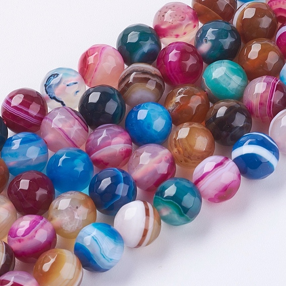Natural Striped Agate/Banded Agate Beads Strands, Faceted, Dyed, Round