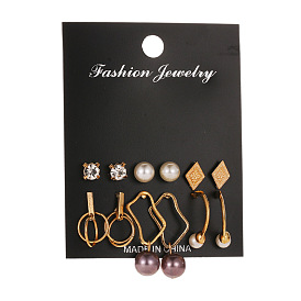 Chic Pearl & Geometric Earrings Set - 6 Pairs of Fashionable Ear Studs and Accessories