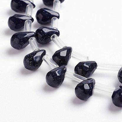 Synthetic Blue Goldstone Beads Strands, Top Drilled Beads, Teardrop, Faceted