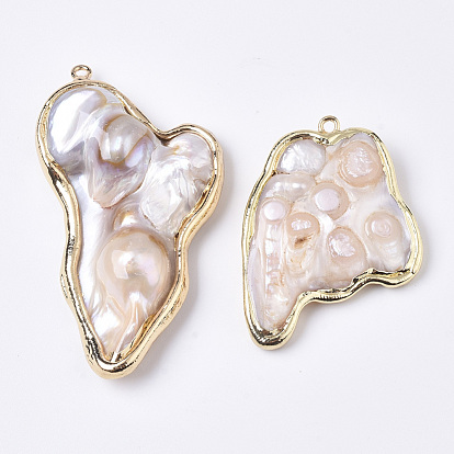 Natural Baroque Pearl Keshi Pearl, Cultured Freshwater Pearl Big Pendants, with Brass Loops, Nuggets, Edge Golden Plated