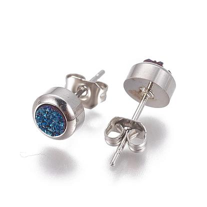 Electroplate Natural Druzy Quartz Stud Earrings, with 304 Stainless Steel Findings, Flat Round
