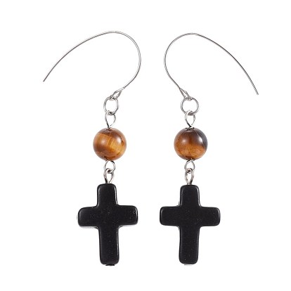 Natural Gemstone Dangle Earrings, with Synthetic Turquoise Cross and 304 Stainless Steel Earring Hooks