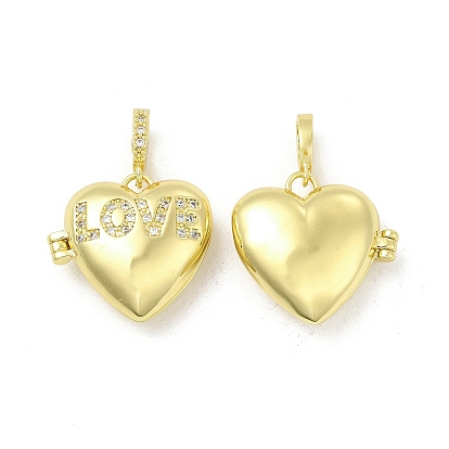Brass Micro Pave Clear Cubic Zirconia Locket Pendants, Heart with Word LOVE Charms