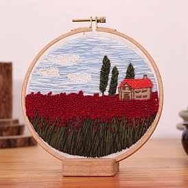 DIY Scenery Embroidery Kit, Including Imitation Bamboo Frame, Iron Pins, Cloth, Colorful Threads