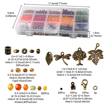 Kit de búsqueda para hacer joyas del día de acción de gracias diy, incluyendo semilla de vidrio y bicono acrílico y cuentas espaciadoras de aleación, colgante de aleación de árbol, libélula y hoja