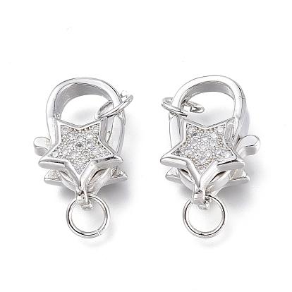 Brass Micro Pave Clear Cubic Zirconia Lobster Claw Clasps, with Jump Rings, Long-Lasting Plated, Star