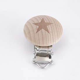 Clips porte-sucette bébé en bois de hêtre, avec des clips de fer, plat et circulaire avec étoile, platine
