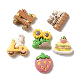 Spring Theme Opaque Resin Decoden Cabochons, Strawberry Cake & Fence & Rabbit, Mixed Shapes