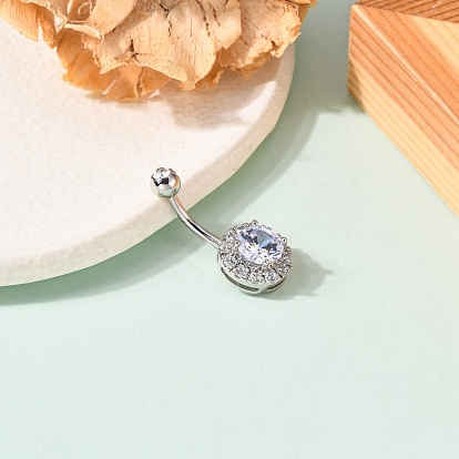 Piercing bijoux laiton plaqué platine rond zircon cubique anneau de nombril anneau de nombril anneaux de ventre, avec 304 barre en acier inoxydable, 28x12mm