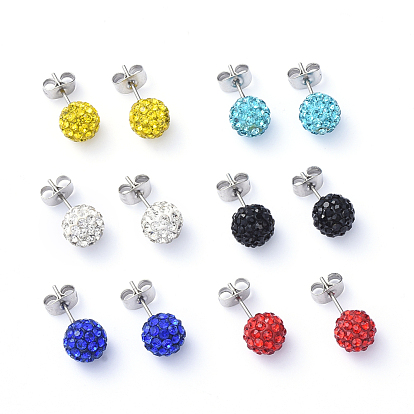 Polymer Clay Rhinestone Stud Earrings, Pave Disco Ball, with 304 Stainless Steel Stud Earring Findings and Ear Nuts