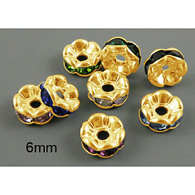 Brass Rhinestone Spacer Beads, Grade AAA, Wavy Edge, Nickel Free, Golden Metal Color, Rondelle, 6x3mm, Hole: 1mm