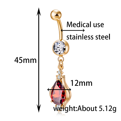 Piercing Jewelry, Brass Cubic Zirconia Navel Ring, Belly Rings, with 304 Stainless Steel Bar, Cadmium Free & Lead Free, Drop