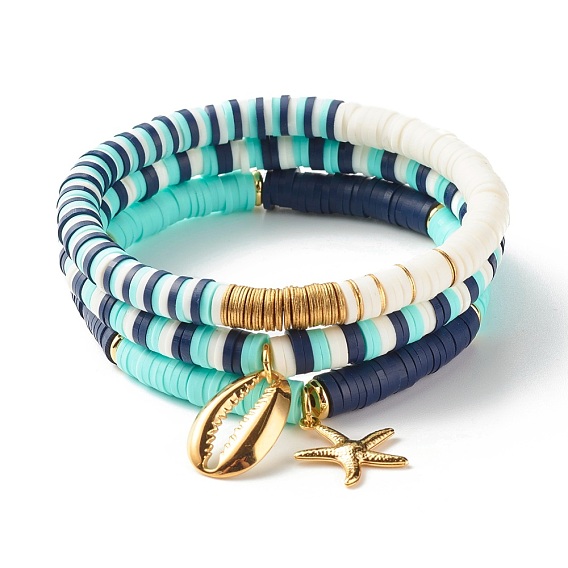 Ensemble de bracelets extensibles en perles heishi en argile polymère faits à la main, bracelet de surf, bracelets à breloques en forme d'étoile de mer et de coquillage pour femmes, or