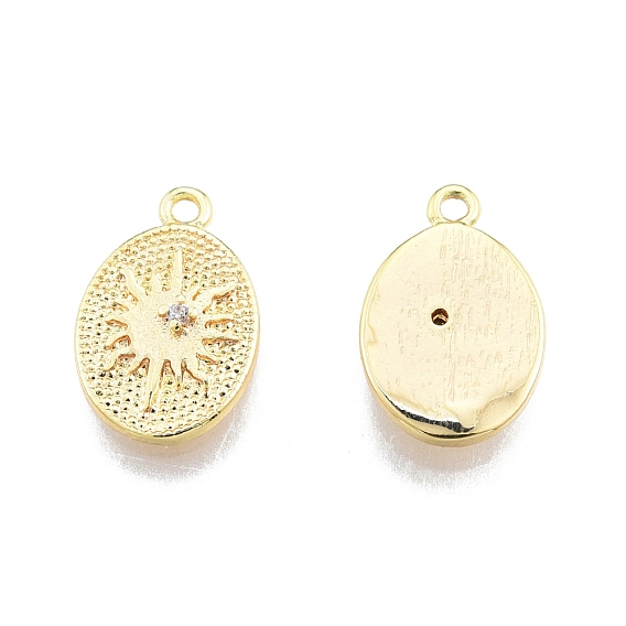 Brass Micro Pave Clear Cubic Zirconia Charms, Nickel Free, Oval with Sun Pattern
