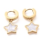 304 Stainless Steel Huggie Hoop Earrings, with Natural White Shell, Star