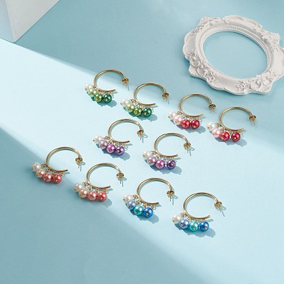 Glass Pearl Dangle Stud Earrings, Gold Plated 304 Stainless Steel Half Hoop Earrings for Women