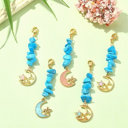Décorations de pendentif en perles de puces turquoise synthétiques, avec lune en alliage émaillé avec breloque étoile et fermoirs mousquetons en acier inoxydable