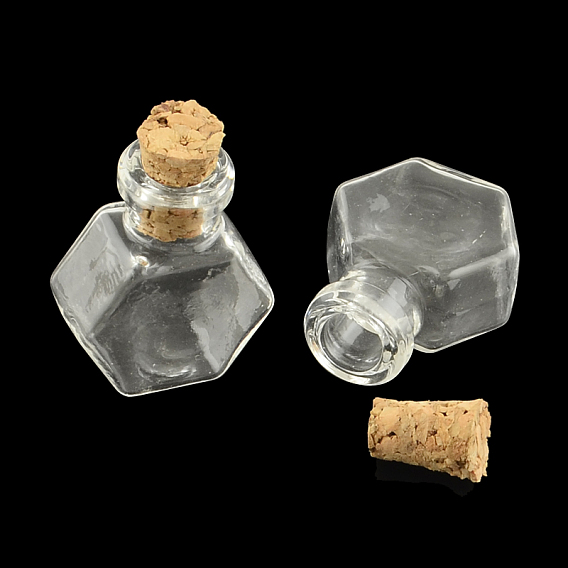Шестиугольник стеклянная бутылка для бортовых контейнеров, с пробкой, бутылка желаний, 25x20x11 мм, отверстие : 6 мм