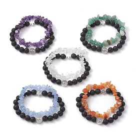 2Pcs 2 Styles Natural Lava Rock & Mixed Gemstone Chips Stretch Bracelets Set, Saint Benedict & Cross Alloy Stackable Bracelets