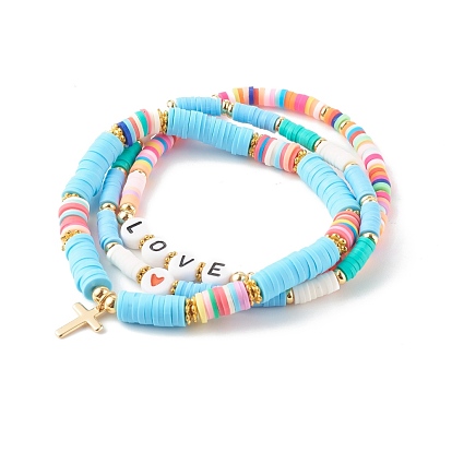 Ensembles de bracelets extensibles de perles heishi en argile polymère pour la saint valentin, avec des perles d'émail acrylique, mot d'amour, réel 18 k plaqué or