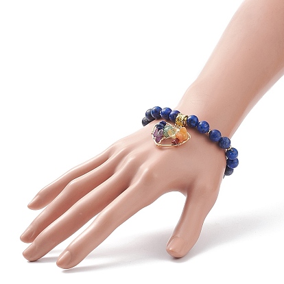 Bracelet extensible en mélange de pierres naturelles et synthétiques, Yoga chakra pierres précieuses puces coeur avec bracelet à breloques arbre pour femme
