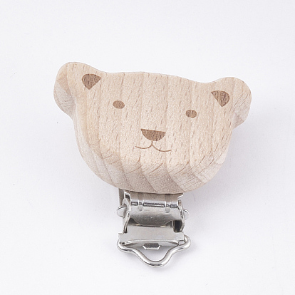 Clips porte-sucette bébé en bois de hêtre, avec des clips de fer, ours, platine