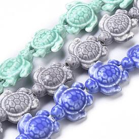Handmade Porcelain Beads Strands, Tortoise, Bright Glazed Porcelain