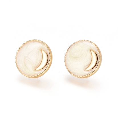 Real 18K Gold Plated Brass Stud Earring Findings, with Loop, Enamel and Ear Nuts, Flat Round with Moon