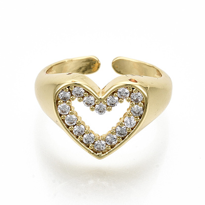 Latón micro pavé claro anillos de brazalete de circonio cúbico, anillos abiertos, anillos de banda ancha, sin cadmio y níque y plomo, corazón