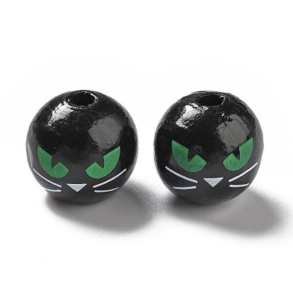 Halloween Spray Painted Wood Beads, Round with Green Cat Eye Pattern