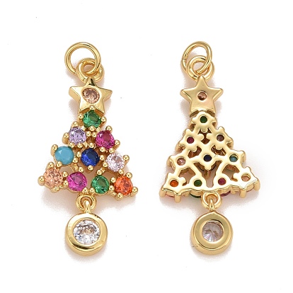Cubic Zirconia Pendants, with Rack Plating Real 18K Gold Plated Brass, with Jump Rings, Long-Lasting Plated, Lead Free & Cadmium Free & Nickel Free, Christmas Trees