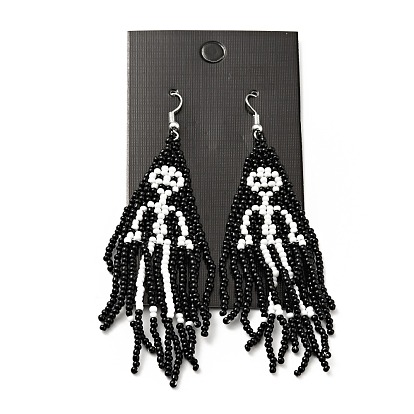 Glass Seed Braided Skeleton Chandelier Earrings, Chain Tassel Alloy Halloween Earrings for Women