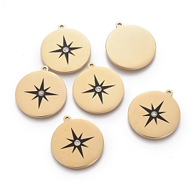 316 Surgical Stainless Steel Pendants, with Enamel & Crystal Rhinestone, Flat Round with Star, Black