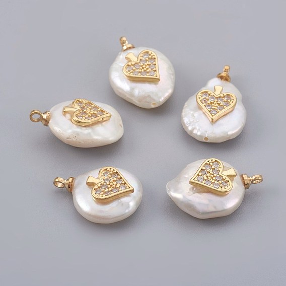 Natural Cultured Freshwater Pearl Pendants, with Cubic Zirconia and Brass Findings, Long-Lasting Plated, Heart, Real 18K Gold Plated
