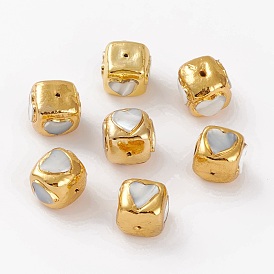 Natural Freshwater Shell Beads, with Golden Brass Findings, Dyed, Cuboid with Heart
