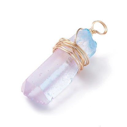 Electroplate Natural Quartz Crystal Pendants, with Copper Wire Wrapped, Two Tone, Dyed, Nuggets