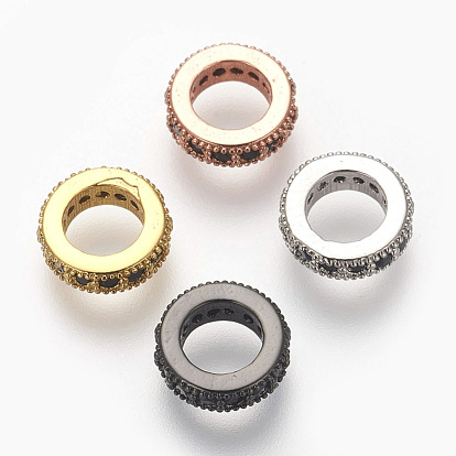 Brass Micro Pave Cubic Zirconia Beads, Lead Free & Cadmium Free, Flat Round, Black