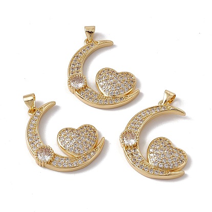 Brass Micro Pave Clear Cubic Zirconia Pendants, Cadmium Free & Nickel Free & Lead Free, Rack Plating, Moon with Heart