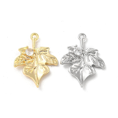 Brass Pendant with Clear Glass, Maple Leaf Charms