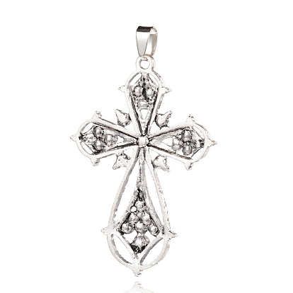 Aleación de cruz latina apretados grandes colgantes grandes gótico, con diamante de imitación, 53x37x4 mm, agujero: 4x7 mm