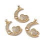 Brass Micro Pave Clear Cubic Zirconia Pendants, Cadmium Free & Nickel Free & Lead Free, Rack Plating, Moon with Heart