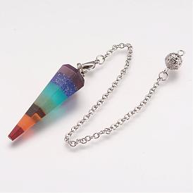 Natural & Synthetic Gemstone Hexagonal Pointed Dowsing Pendulums, Cone Pendulum, with Brass Chain